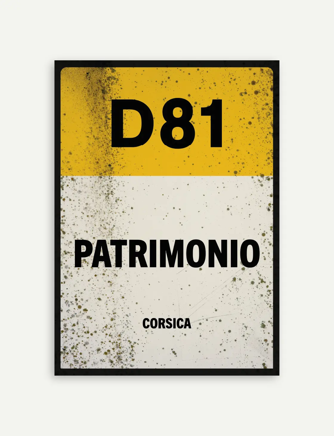 Affiche Patrimonio jaune et blanc cassé à effet patiné, avec repère D81 et inscription Corsica.