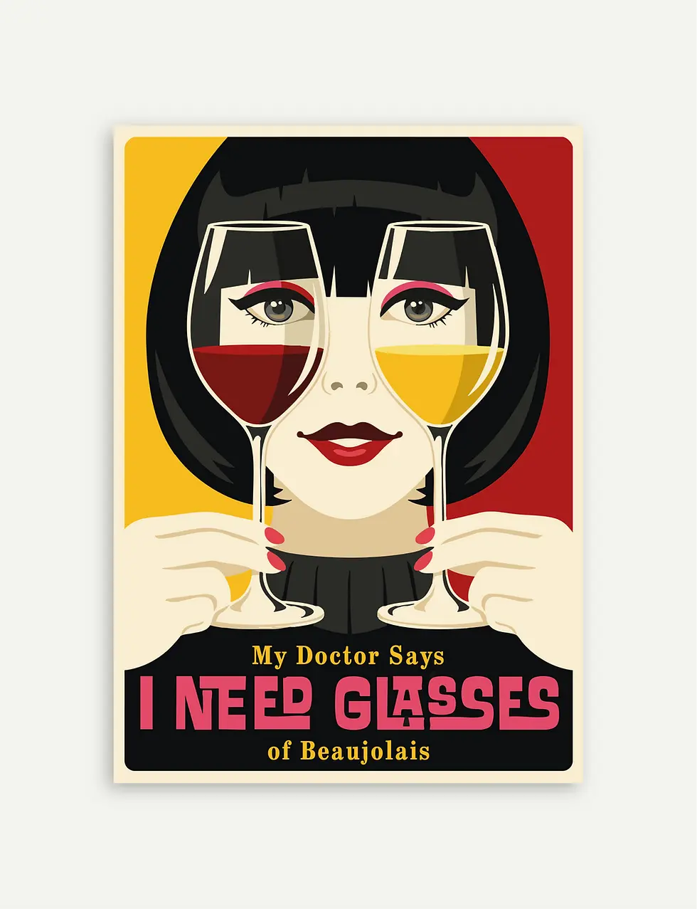 Affiche vin du Beaujolais I Need Glasses au style affiche vintage