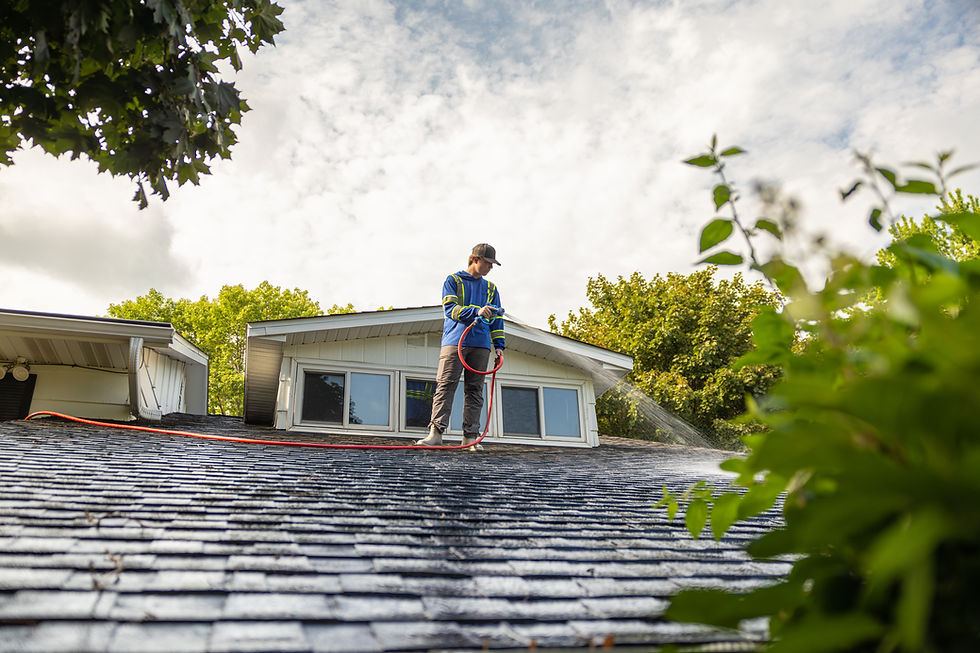 Technician performing pressure washing on a residential roof.
