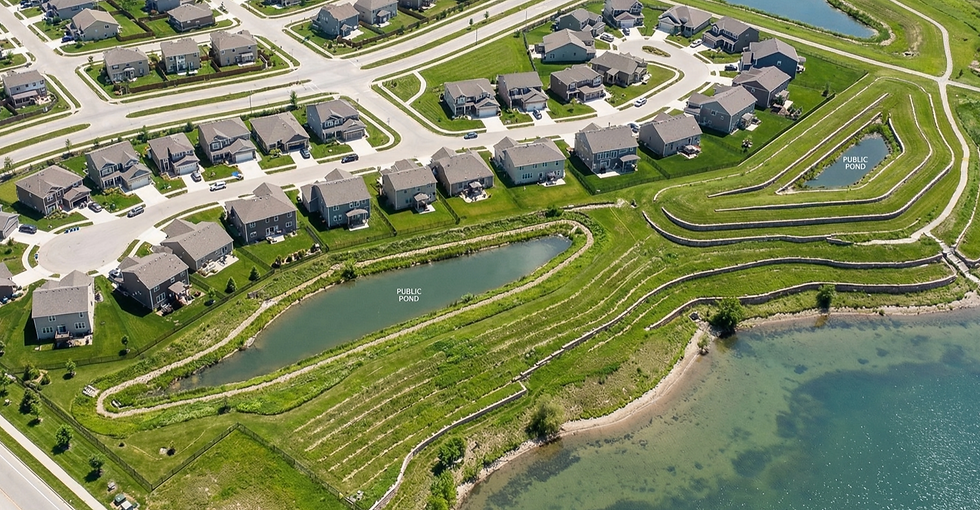 Aerial view of commercial development near public ponds.