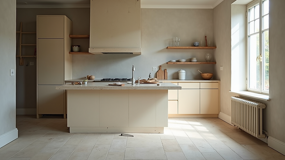 Eye-level view of a modern kitchen under renovation with tools and materials