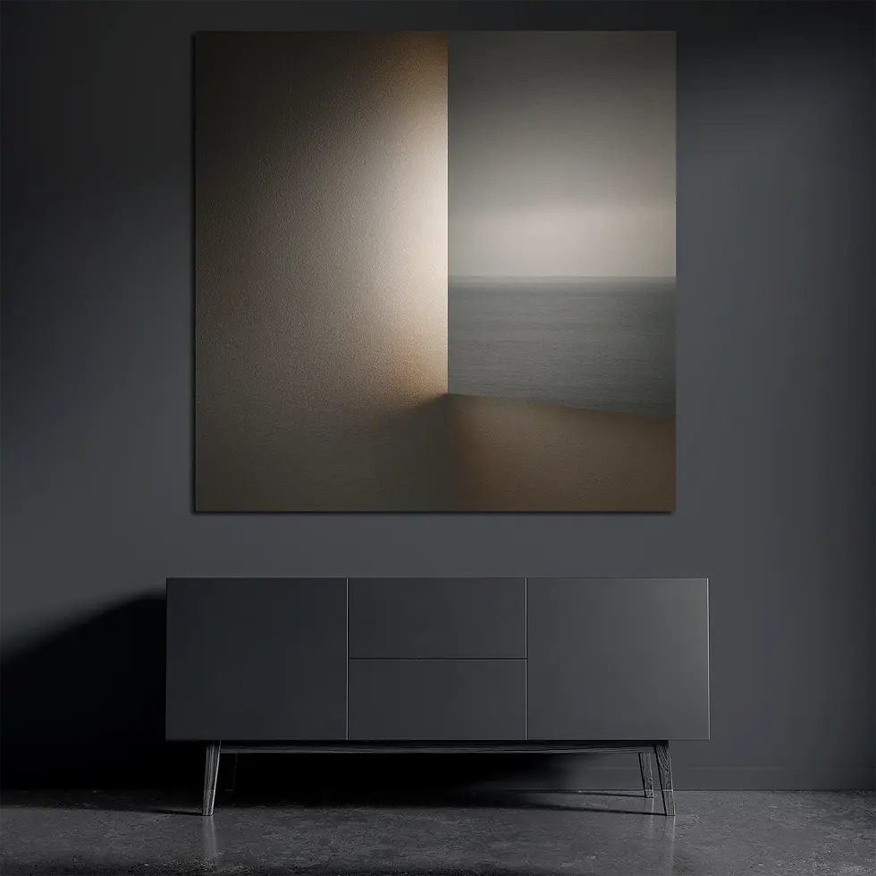 Square brushed aluminum wall art with minimalist interior opening and distant horizon