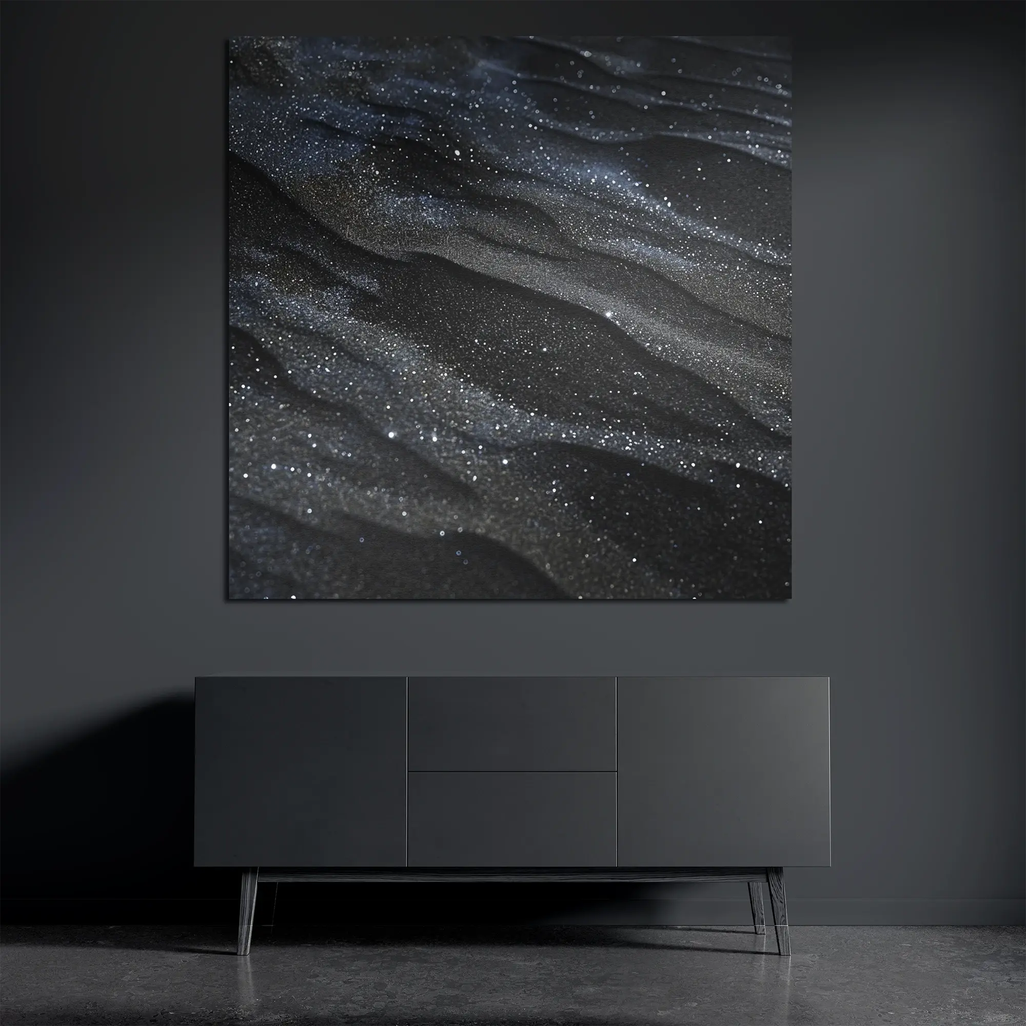 Square brushed aluminum wall art with dark mineral texture in minimalist interior