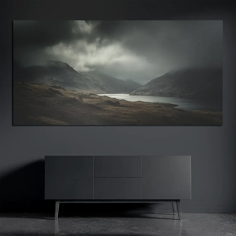 Panoramic brushed aluminum mountain lake wall art on dark wall above dark console
