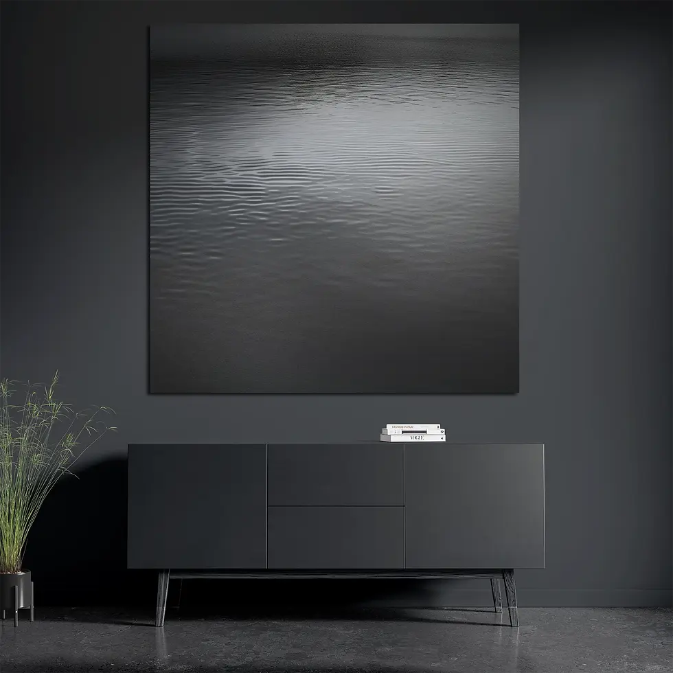 Square water surface print styled with books and plant in modern interior