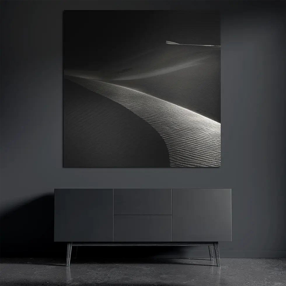 Minimal desert dune metal wall art on brushed aluminum above dark console