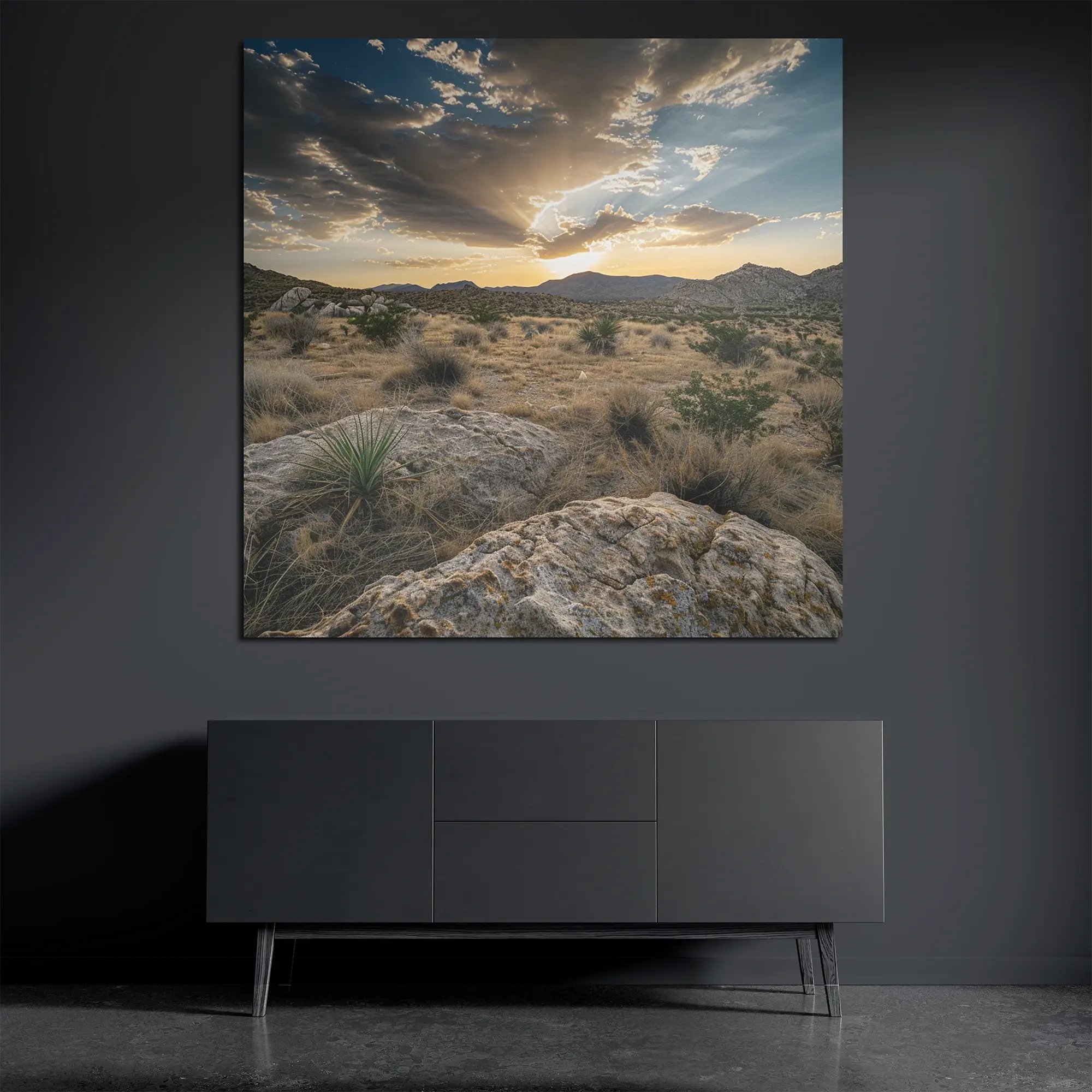 Desert landscape metal wall art on brushed aluminum above dark console