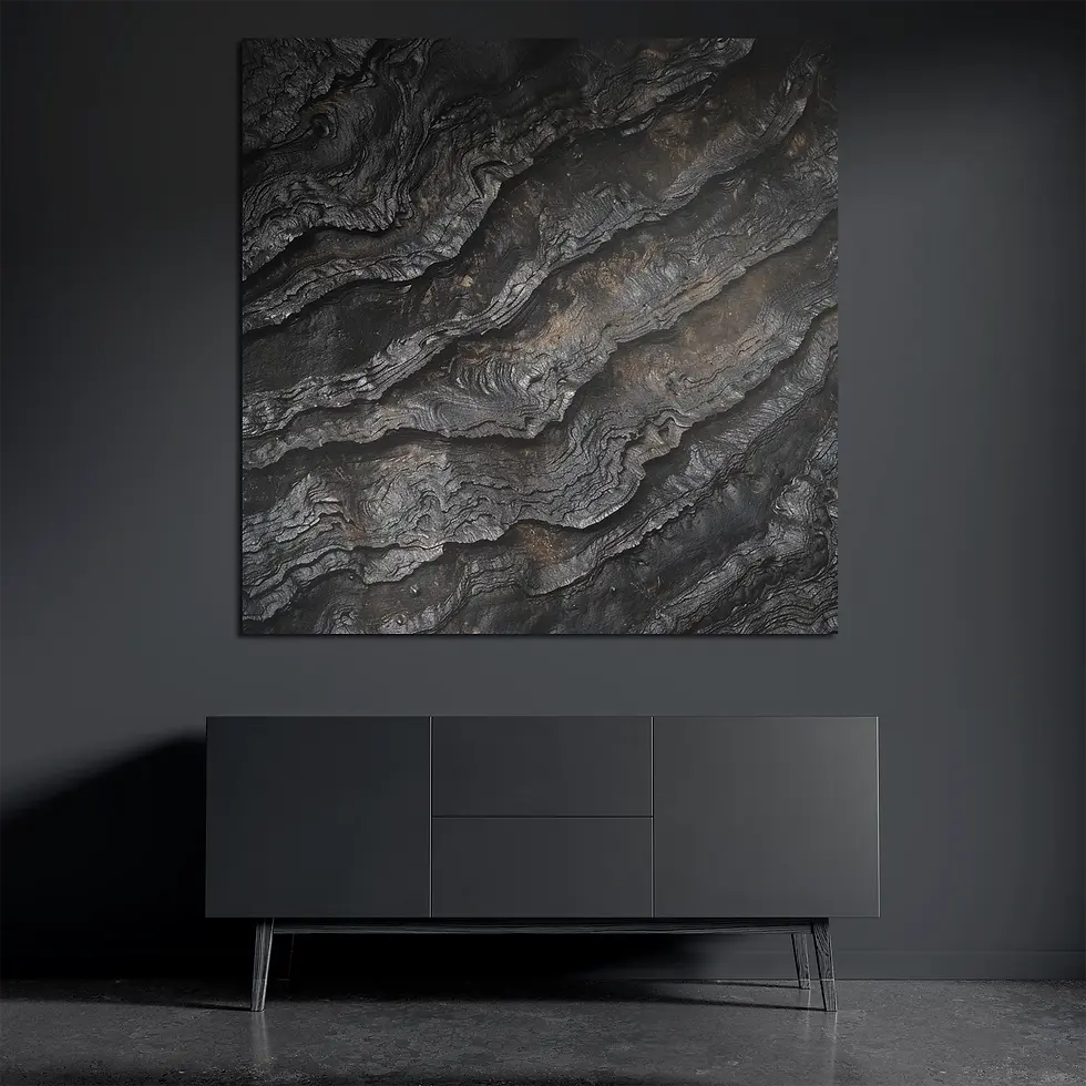 Abstract black texture metal wall art on brushed aluminum above dark console