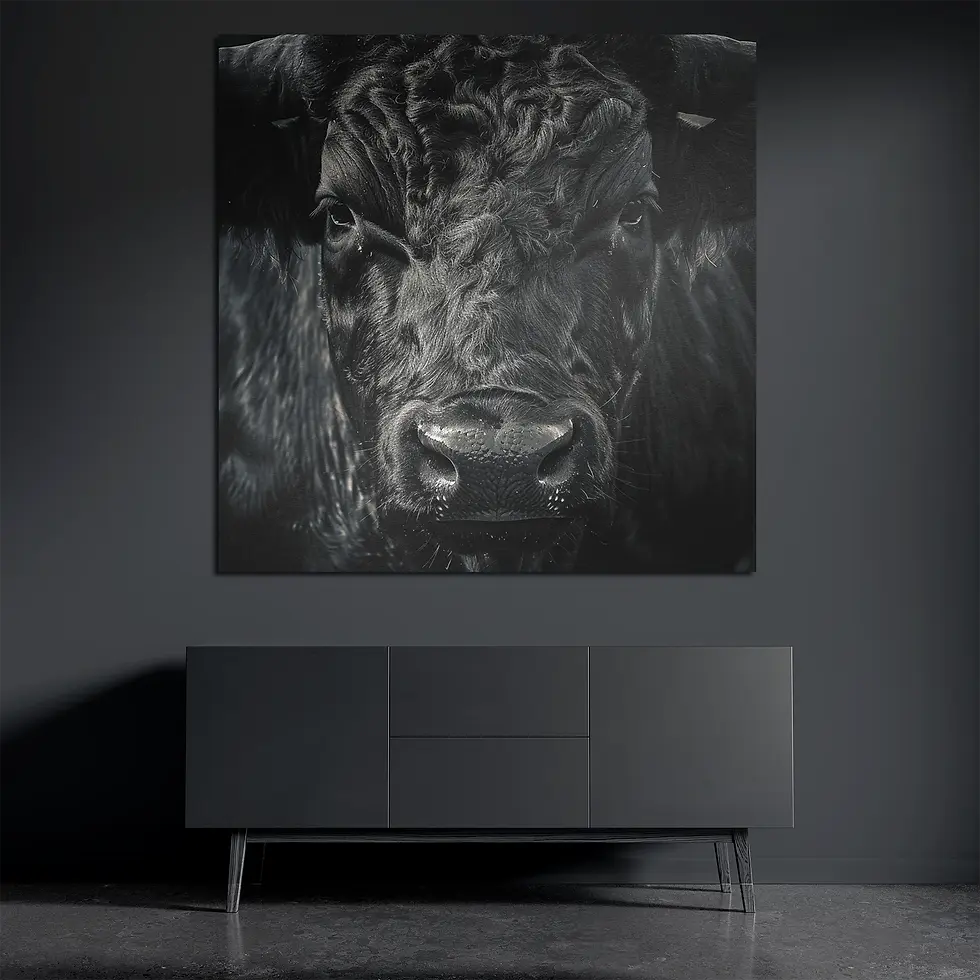 Square black bull metal wall art above dark console