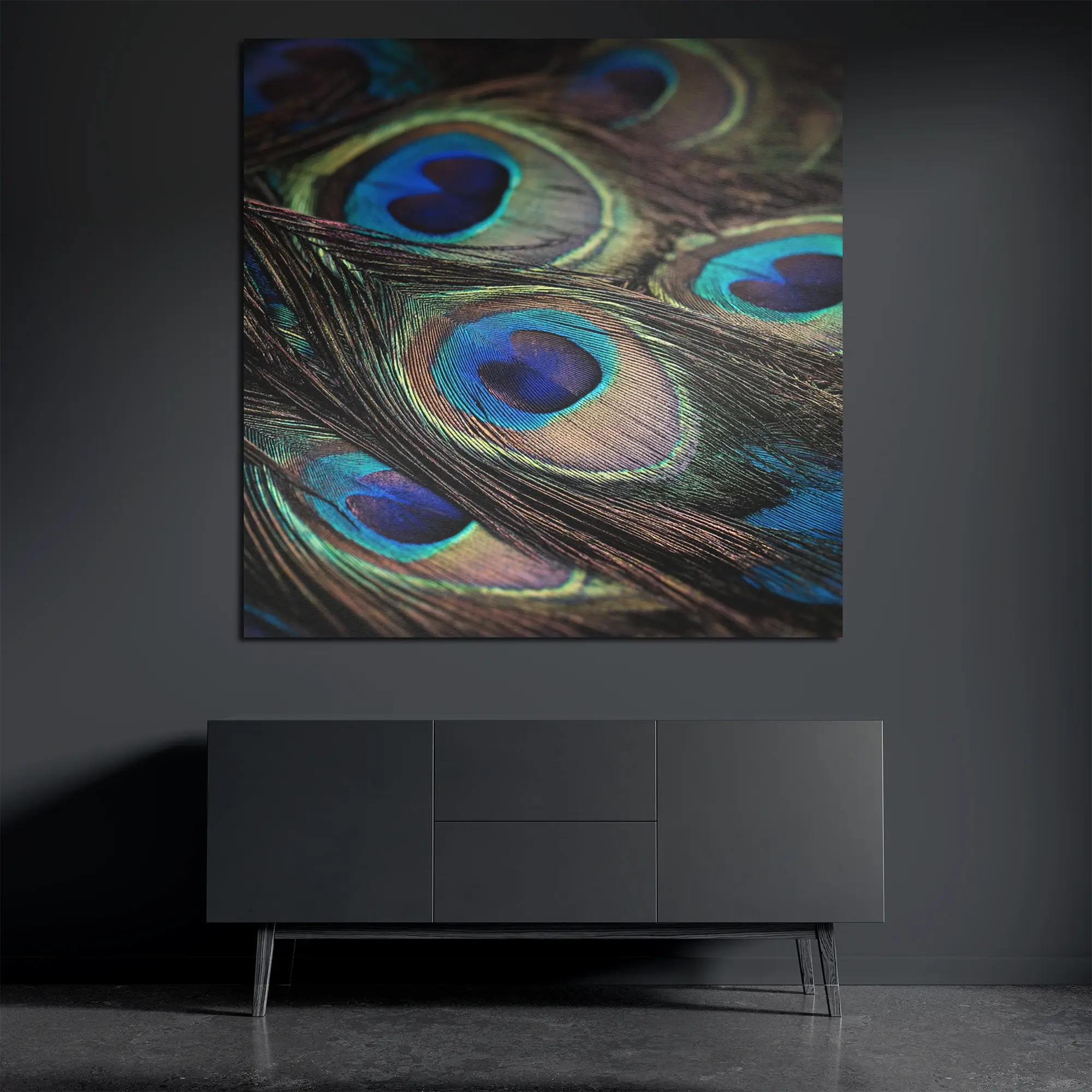 Peacock feather metal wall art above dark console
