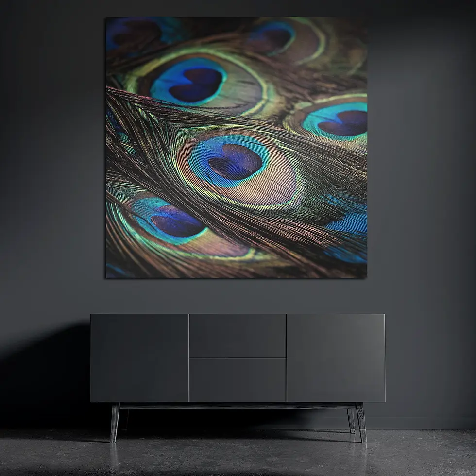 Peacock feather metal wall art above dark console