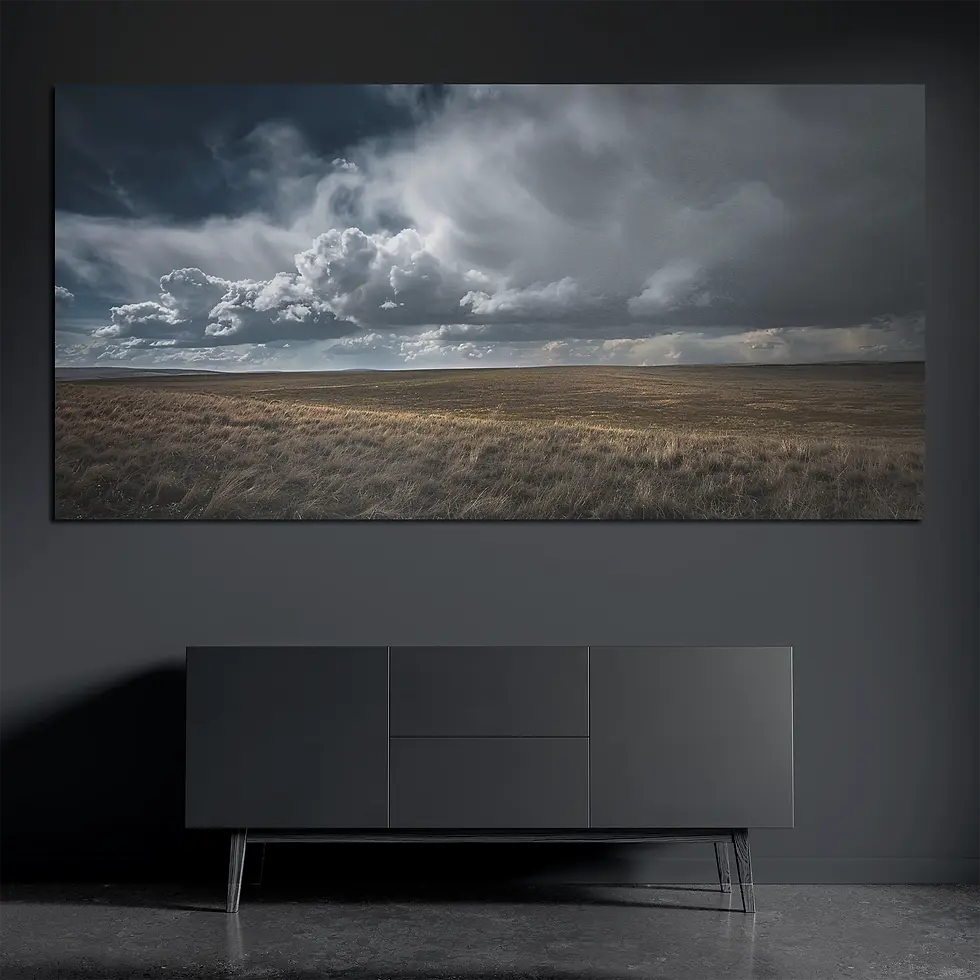 Storm cloud metal wall art on brushed aluminum above dark console
