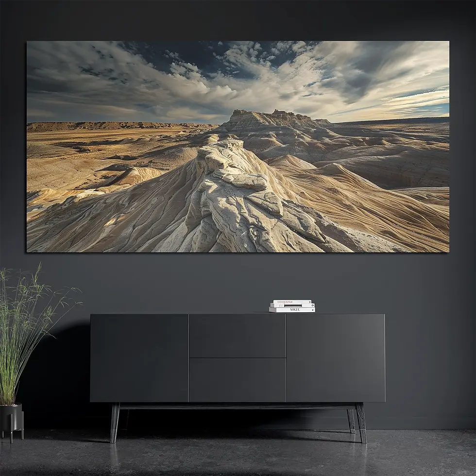 Brushed aluminum desert landscape metal wall art above console with books and plant