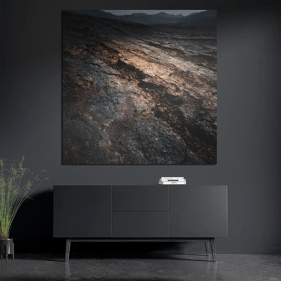 Square volcanic earth texture print styled with books and plant