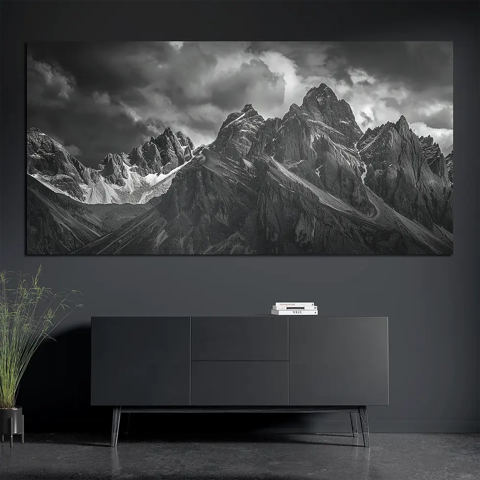 Brushed aluminum alpine mountain metal wall art above console with books and plant