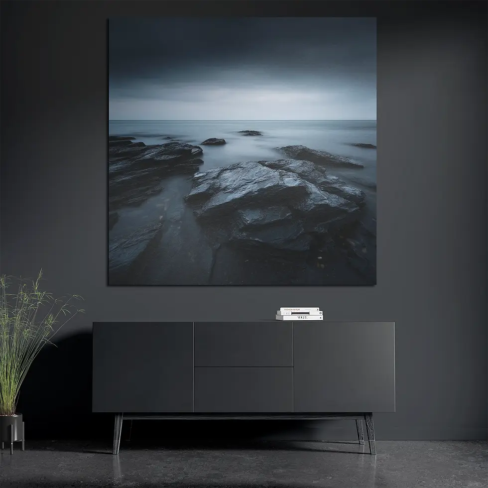 Dark seascape aluminum print styled with books and plant in modern space