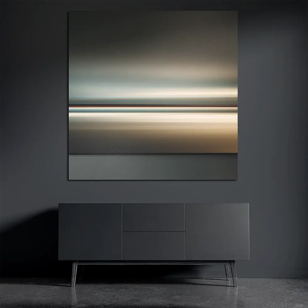 Square brushed aluminum wall art with horizontal light bands on dark wall above dark console