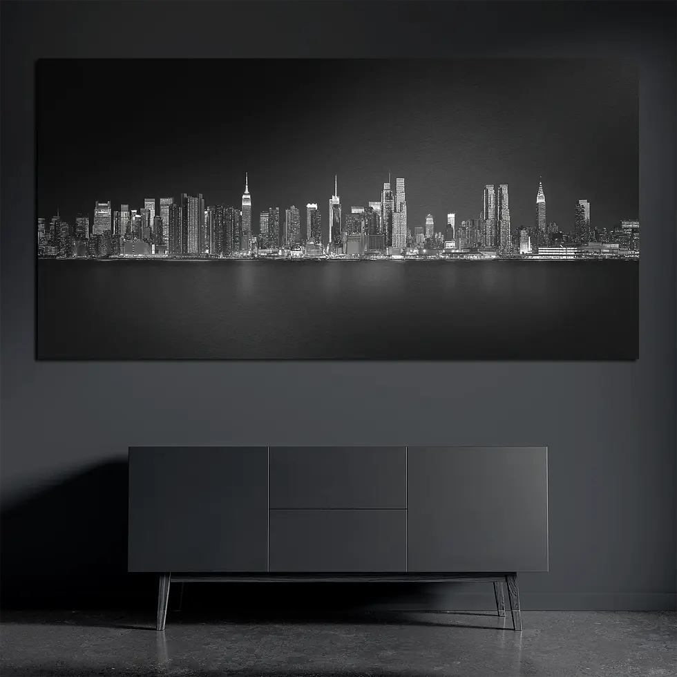 New York skyline metal wall art in black and white above dark console