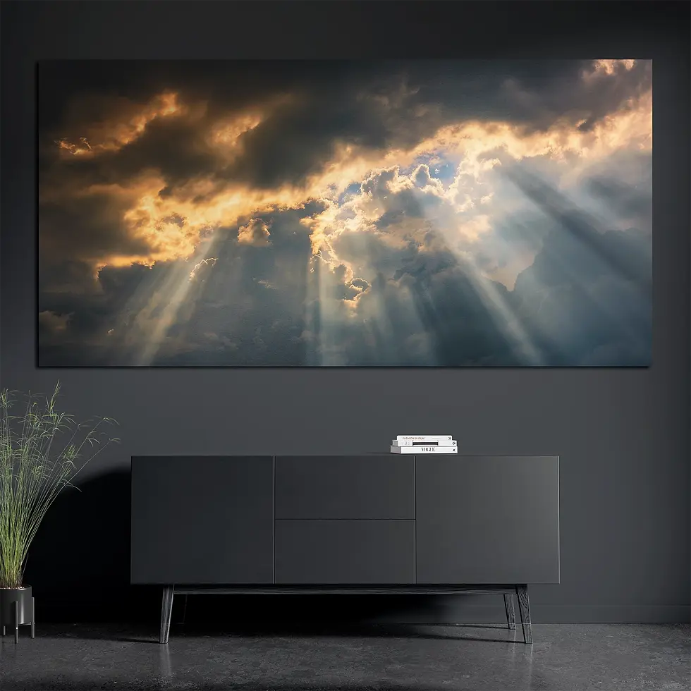 Panoramic dramatic cloud print styled with books and plant