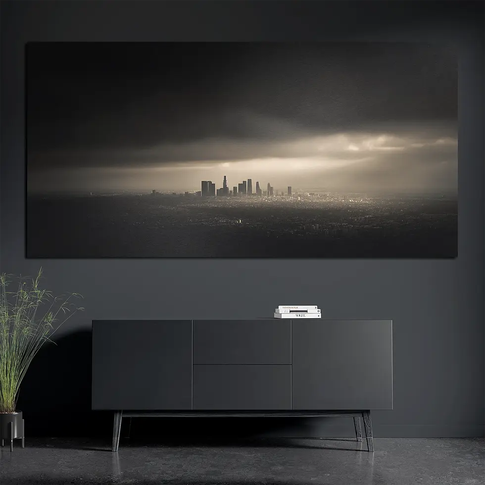 Panoramic LA cityscape print styled with books and plant