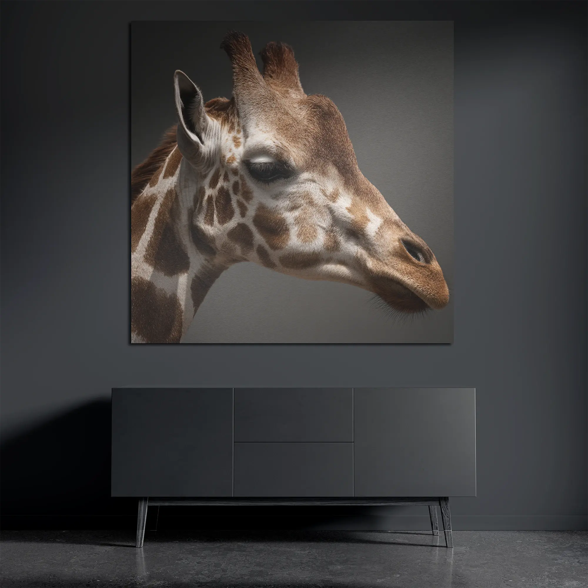 Square brushed aluminum wall art with minimalist giraffe portrait on dark wall