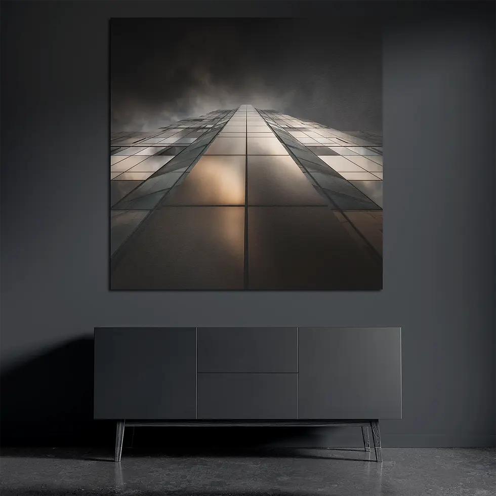 Square skyscraper perspective metal wall art above dark console