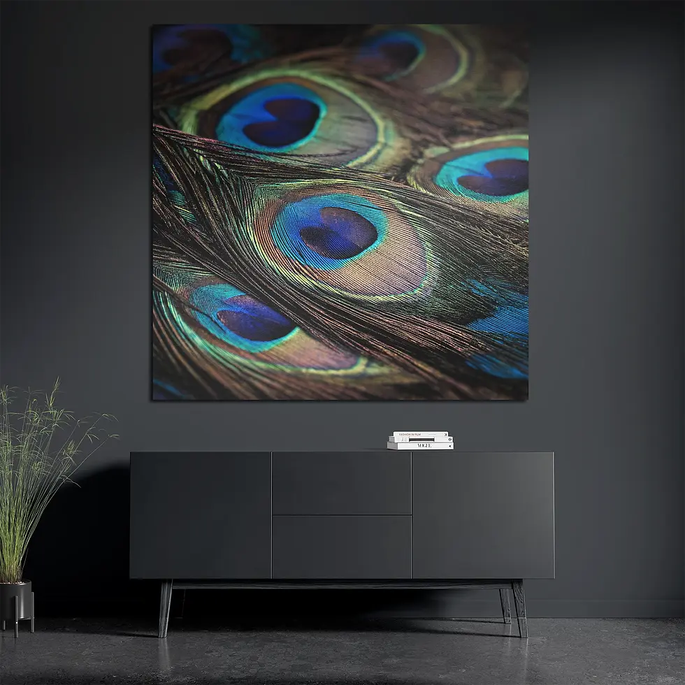 Iridescent feather aluminum print styled with books and plant