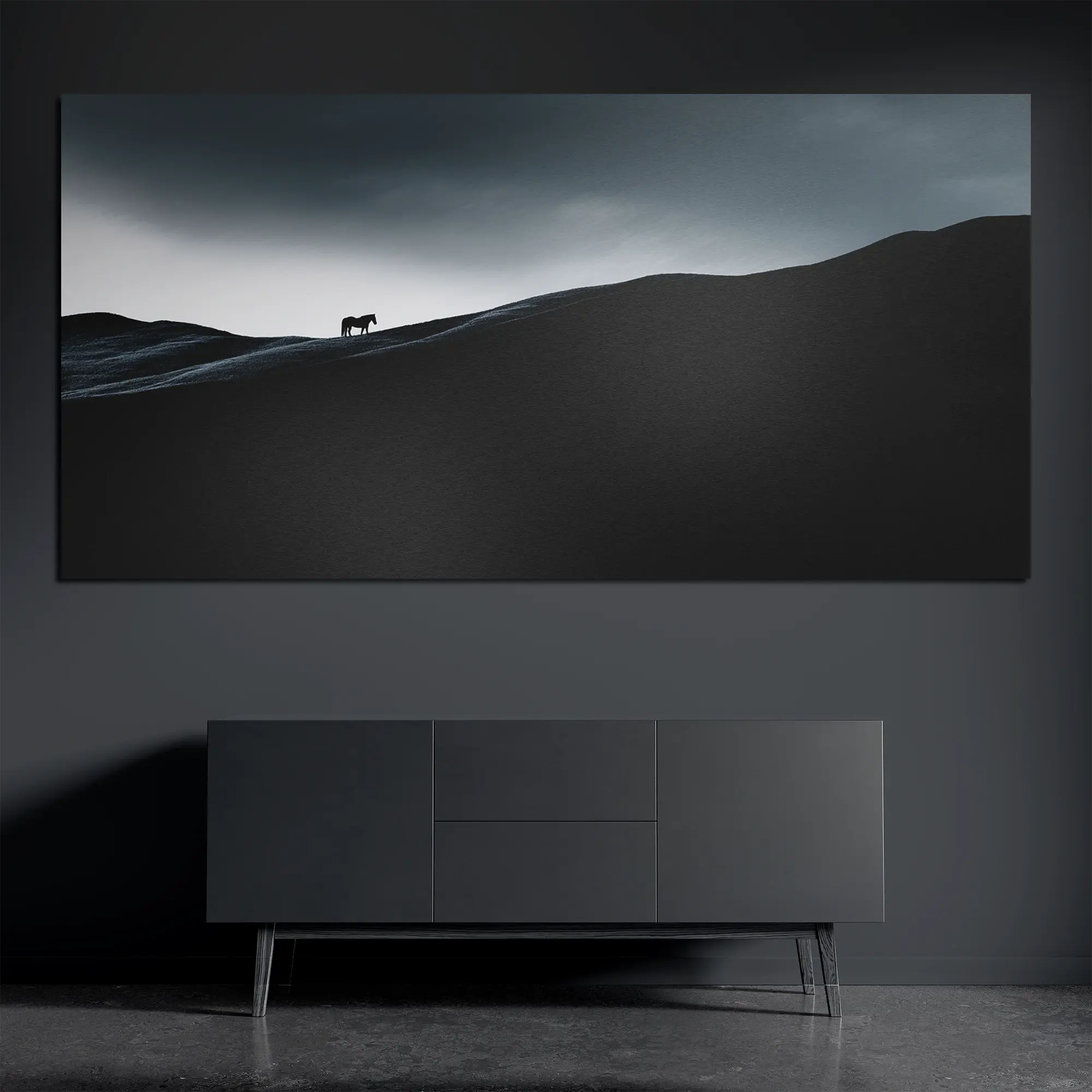 Panoramic horse silhouette metal wall art above dark console in modern interior