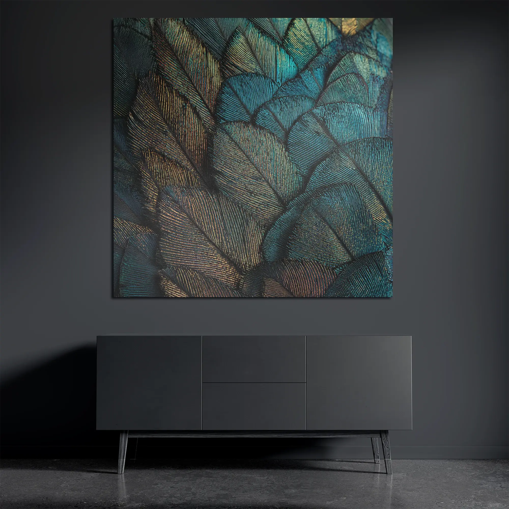 Peacock feather metal wall art above dark console