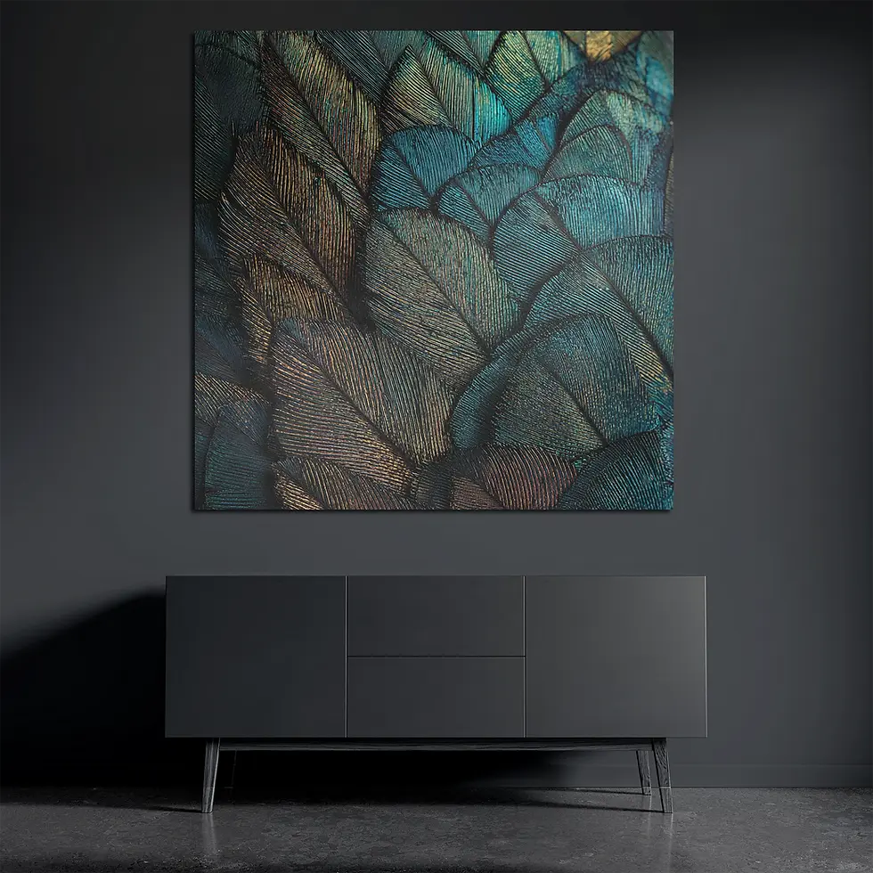 Peacock feather metal wall art above dark console