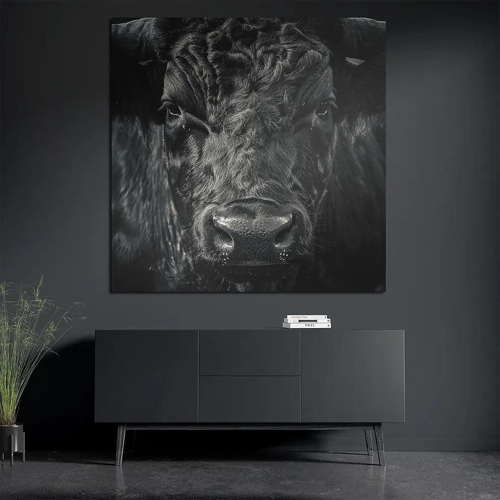 Close-up animal portrait aluminum print styled with books and plant