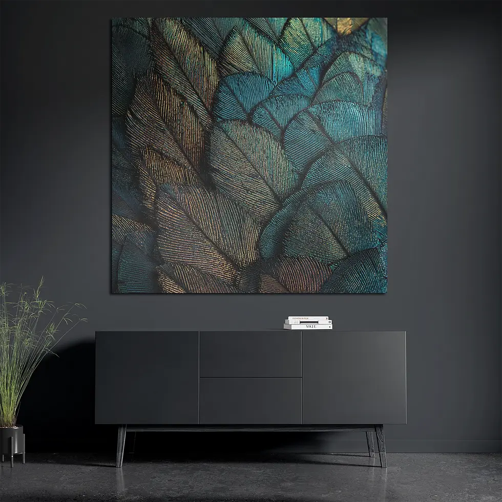 Iridescent teal gold aluminum print styled with books and plant