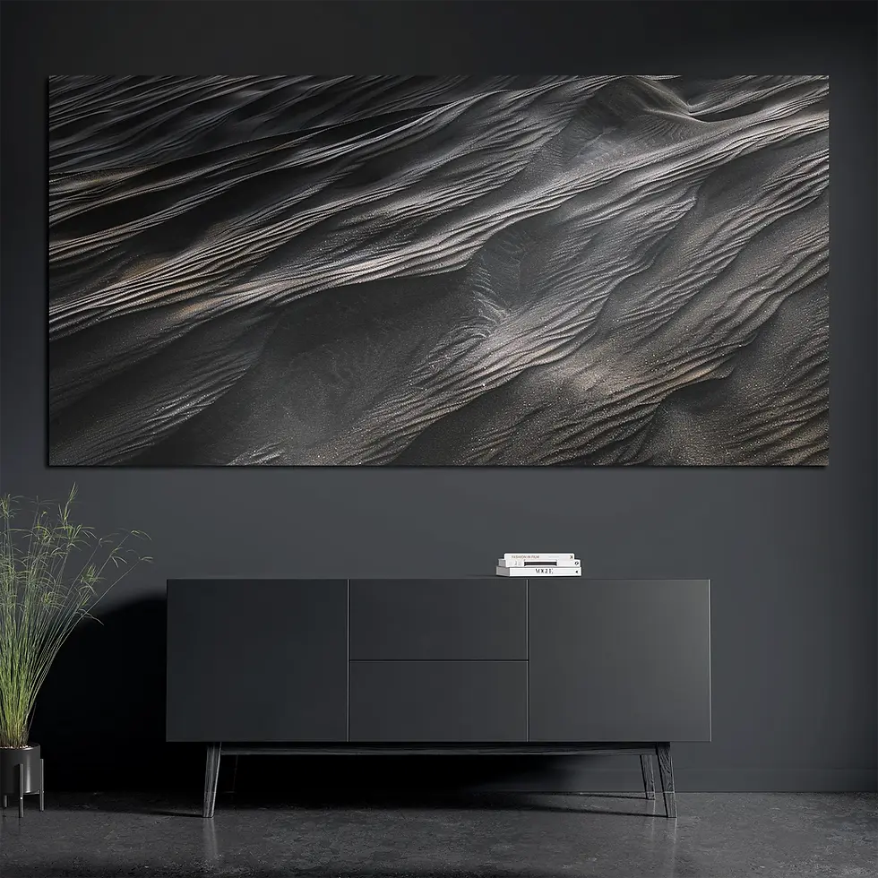 Brushed aluminum abstract desert texture metal wall art above console with books and plant