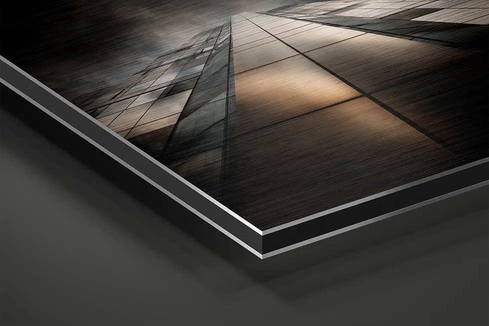 Thumbnail: Close-up of brushed aluminum surface with reflective glass facade detail