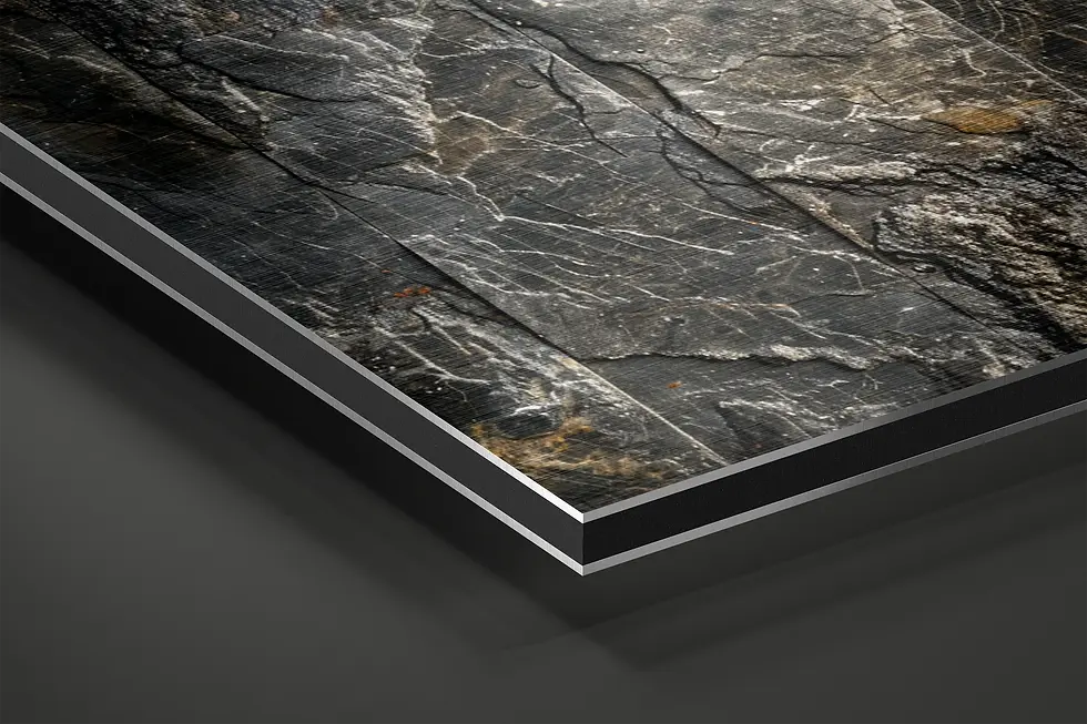 Thumbnail: Close-up of brushed aluminum metal print showing dark granite surface and mineral veining