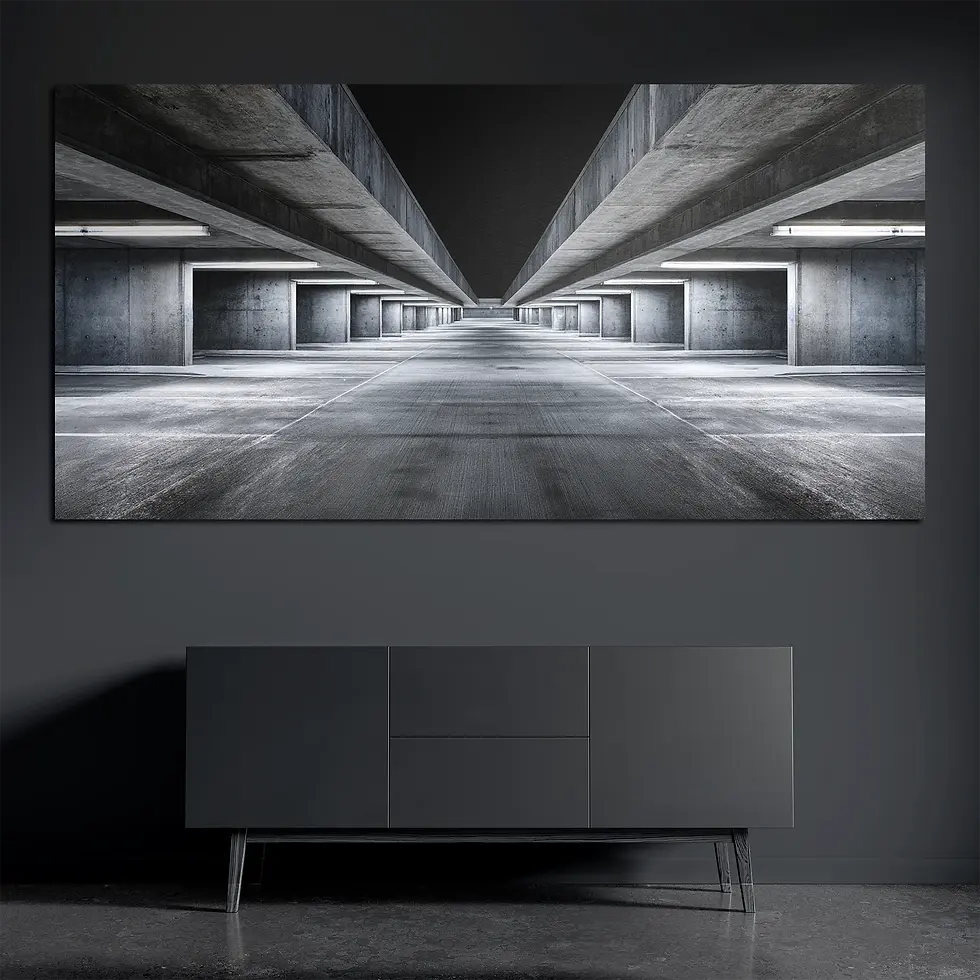 Modern concrete architecture metal wall art above dark console