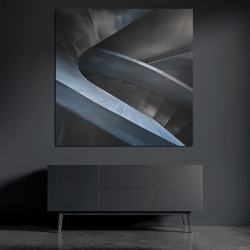 Square metal wall art featuring brutalist spiral staircase in cool steel tones