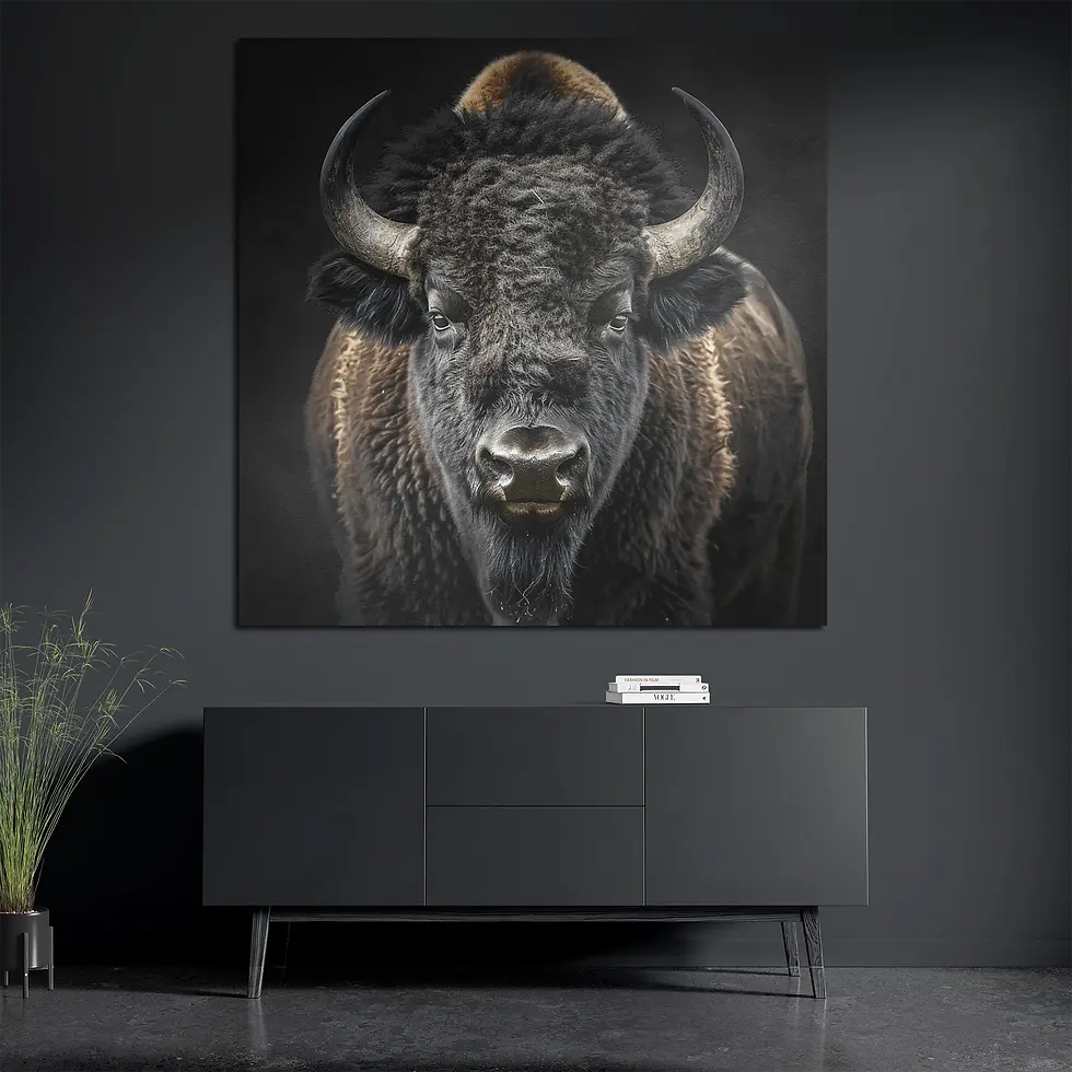 Brushed aluminum square metal wall art with buffalo portrait above console with books and plant