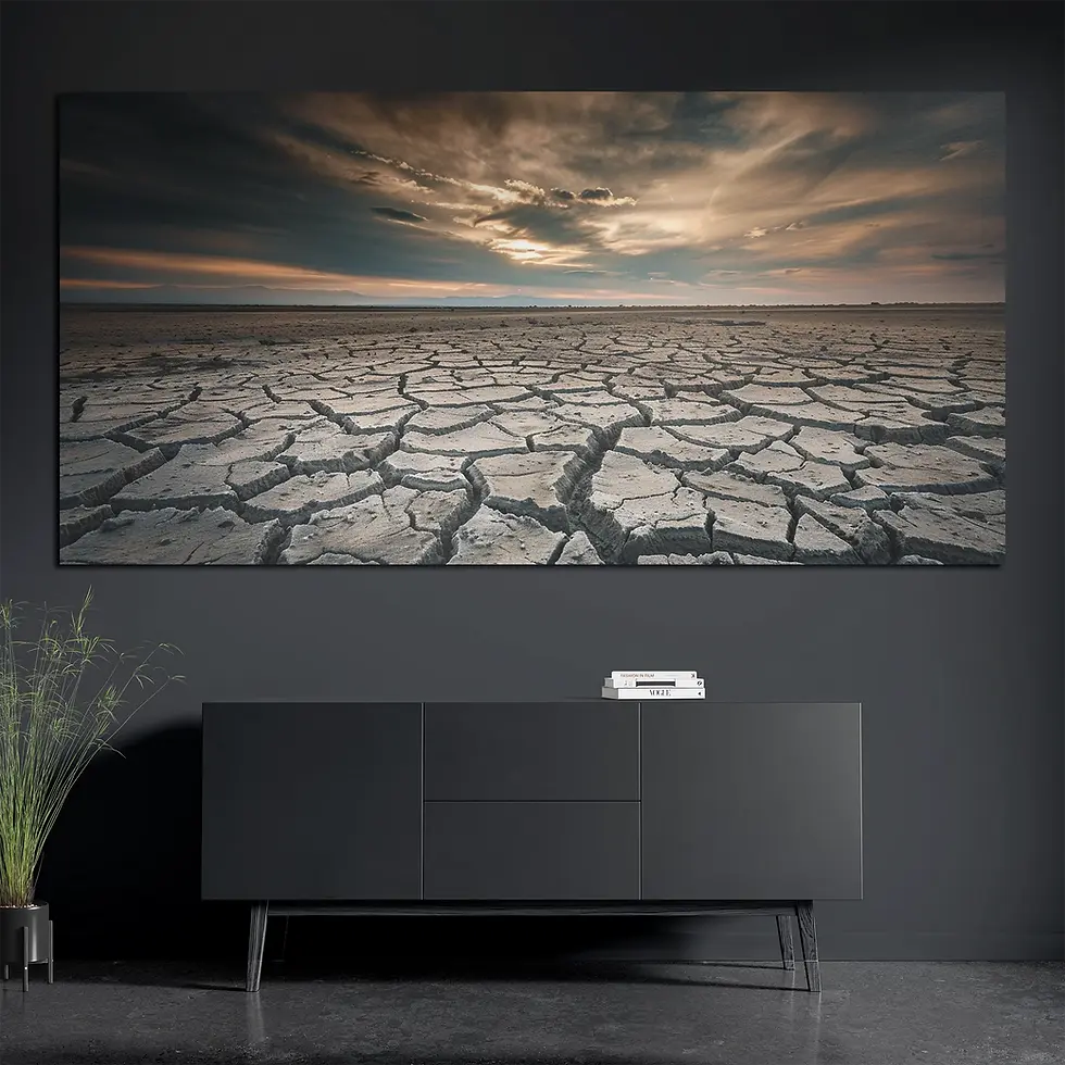 Brushed aluminum cracked earth metal wall art above console with books and plant