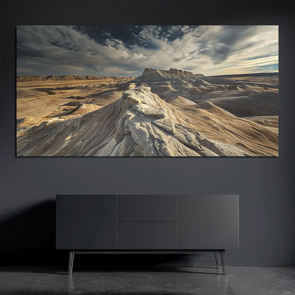 Panoramic brushed aluminum wall art with layered desert rock formations on dark wall