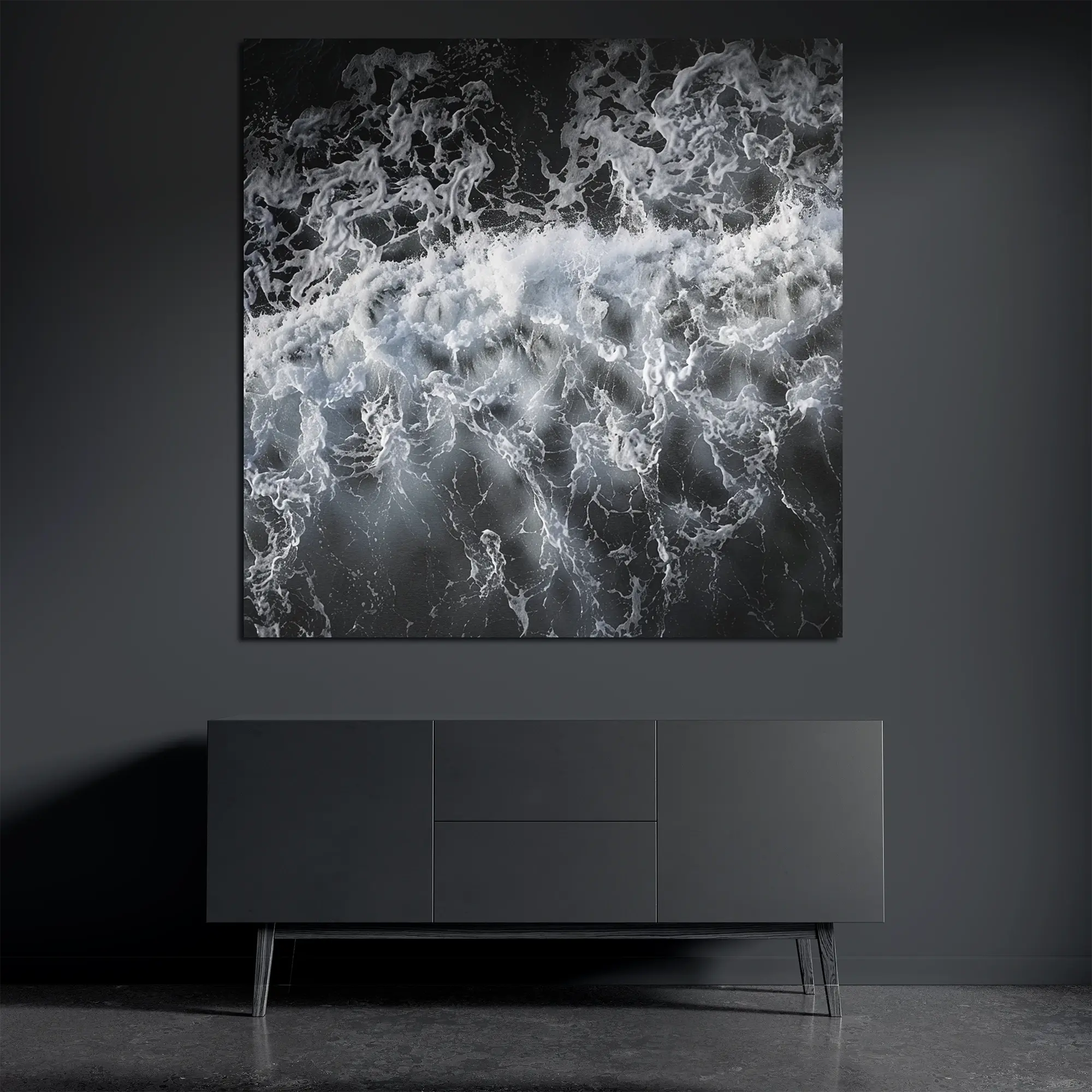 Abstract ocean wave metal wall art on brushed aluminum above dark console