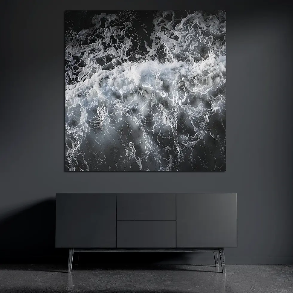 Abstract ocean wave metal wall art on brushed aluminum above dark console