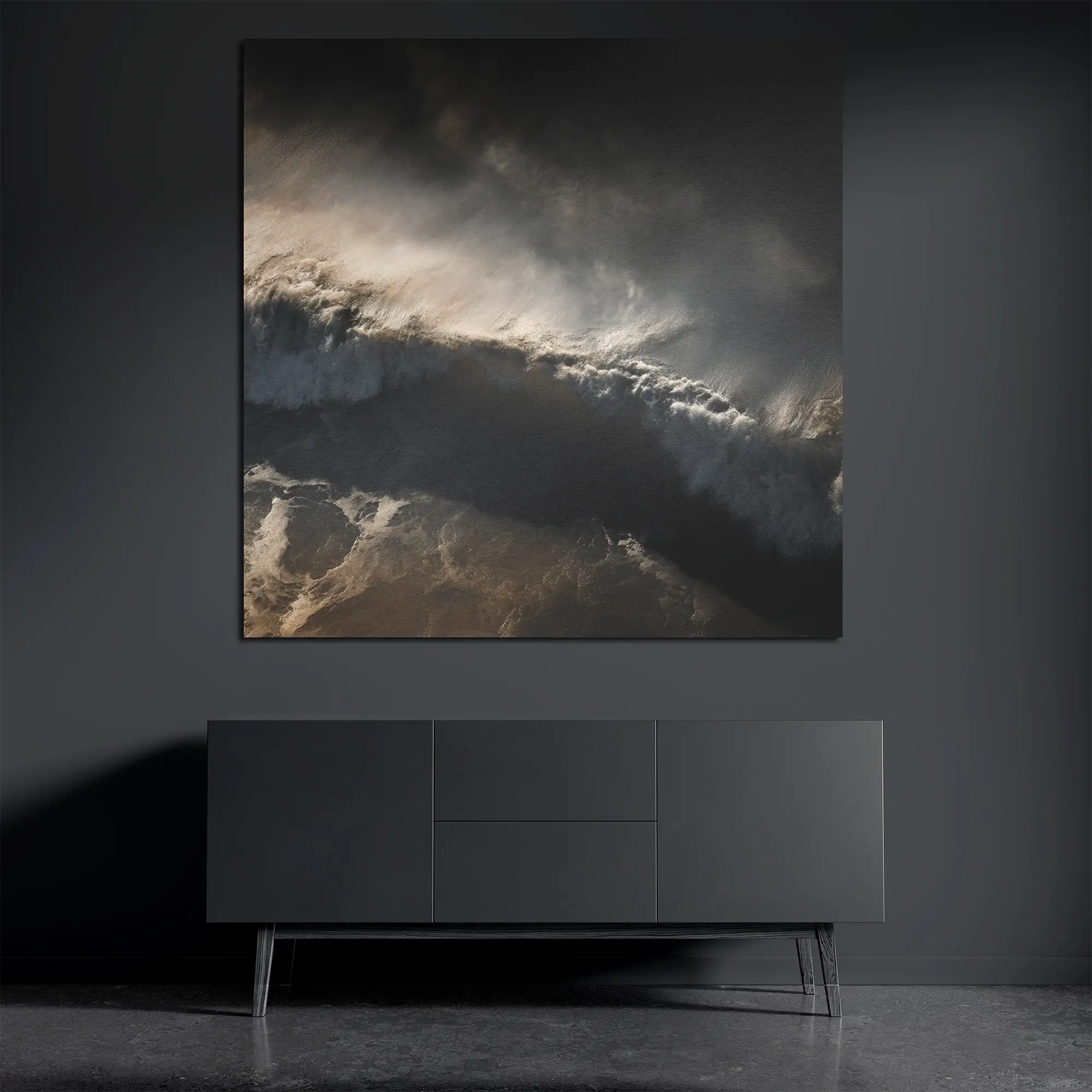 Square metal wall art featuring dramatic ocean wave in shadow and golden light