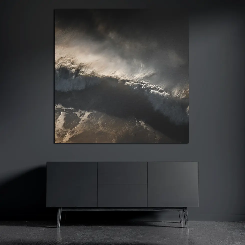 Square metal wall art featuring dramatic ocean wave in shadow and golden light