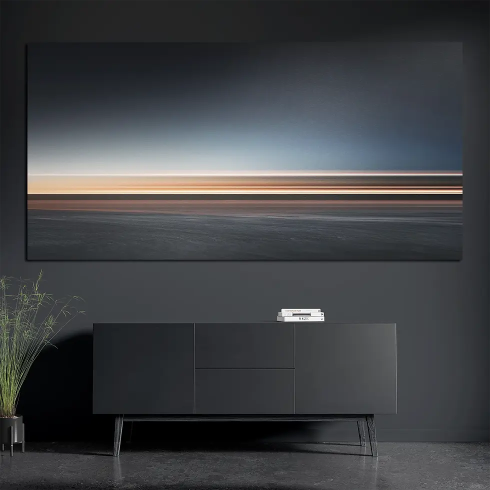 Panoramic minimalist seascape metal print styled with books and plant