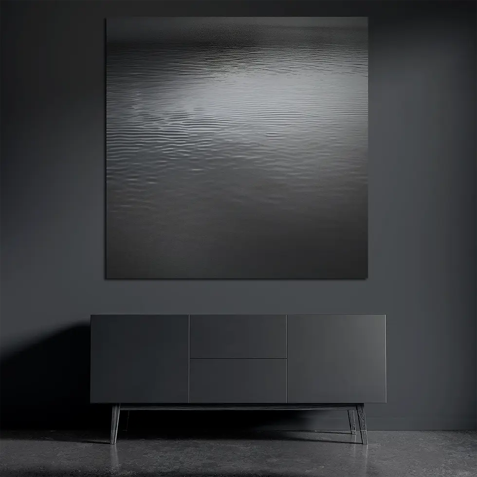 Abstract ocean metal wall art on brushed aluminum above dark console