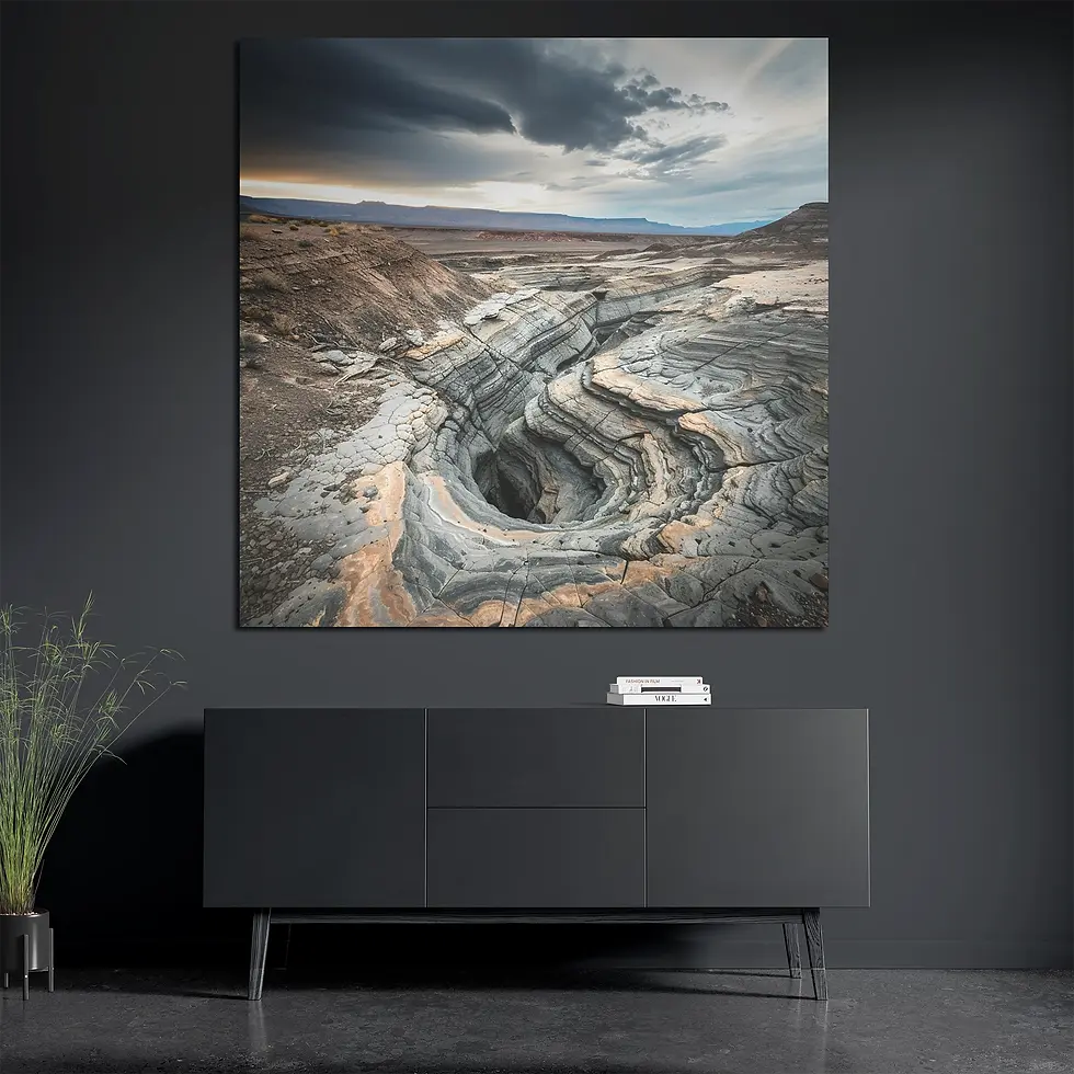 Square earth fracture landscape print styled with books and plant