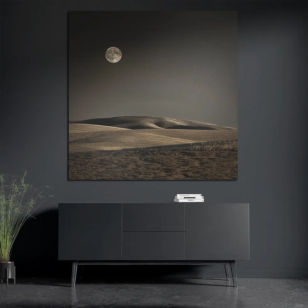Full moon aluminum print styled with books and plant in modern interior