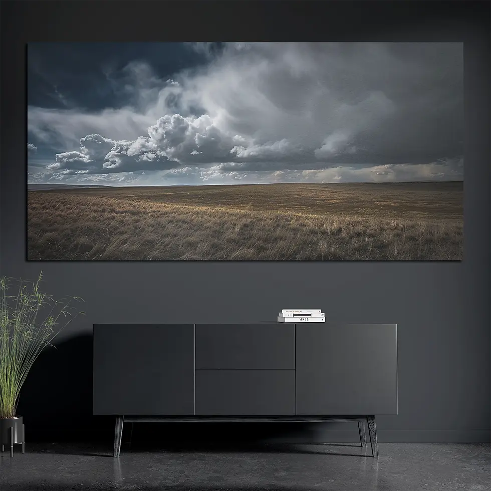 Panoramic plains landscape print styled with books and plant