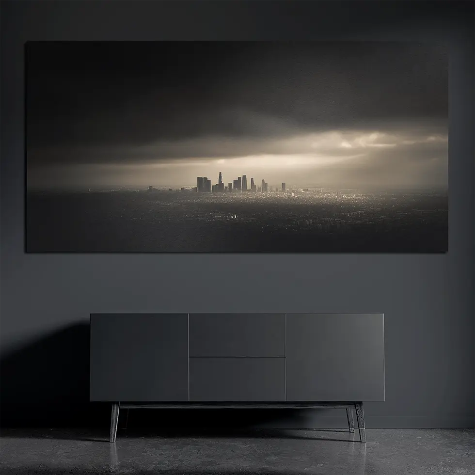 Los Angeles skyline metal wall art on brushed aluminum above dark console